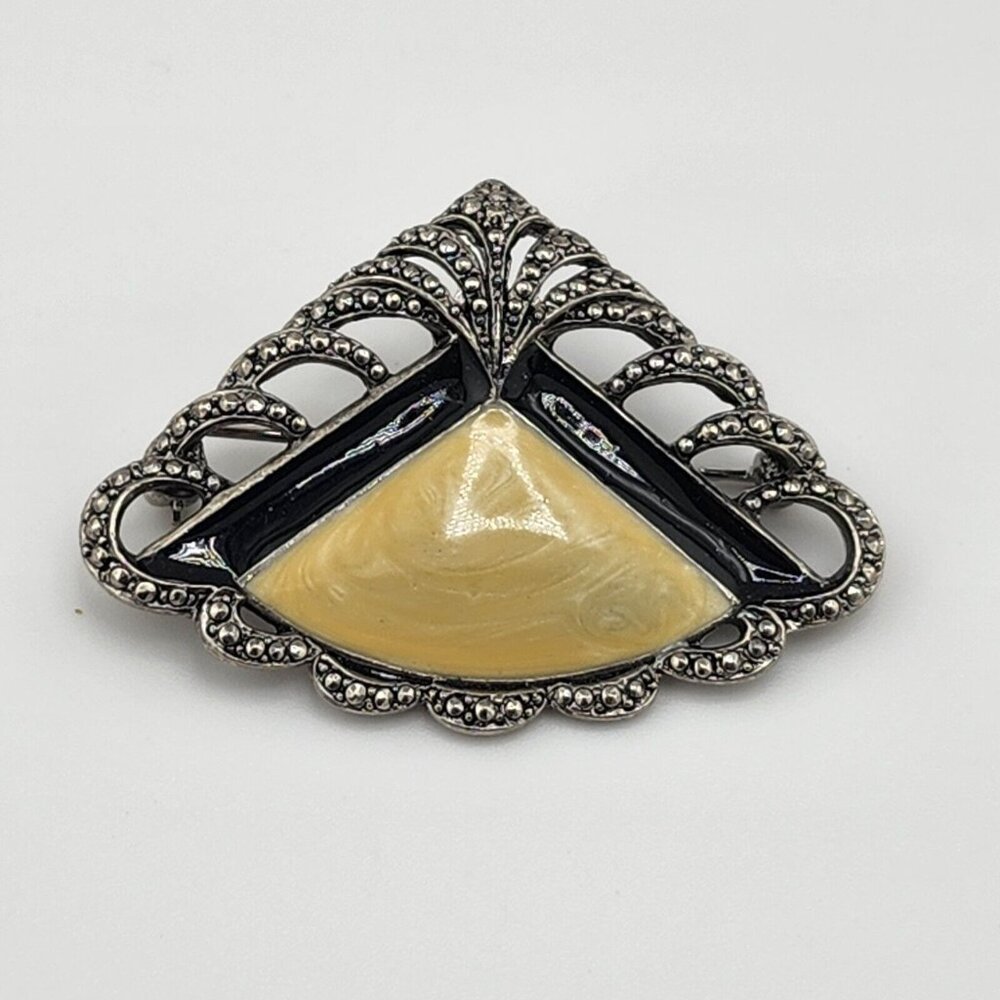 Avon Filigree Faux Marcasite Enamel Pin Brooch Silver Tone Art Deco 1989 Vintage